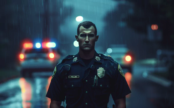 HD wallpaper featuring a stern-faced police officer standing in the rain with a patrol car's lights blurred in the background.