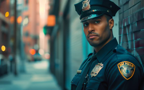 HD desktop wallpaper featuring a confident police officer standing on duty in an urban alley, showcasing the focused essence of law enforcement.