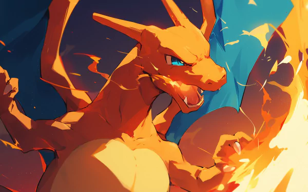 HD wallpaper featuring the Pokémon Charizard with dynamic pose and fiery background, perfect for desktop background.