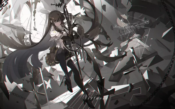 Giallo Arturia from Arknights in a dynamic pose with chains, set against a shattered glass background in a 4K Ultra HD PC desktop wallpaper.