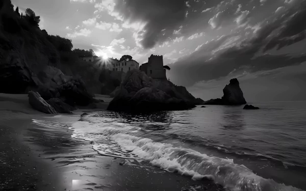 HD wallpaper of a dramatic Italian coastline with sun peeking through clouds, highlighting waves on the beach and a historic building on cliffs.