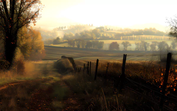 A serene Tuscany landscape featuring a winding path, vibrant autumn foliage, and rolling hills, creating a stunning HD wallpaper that captures Italy’s natural beauty.