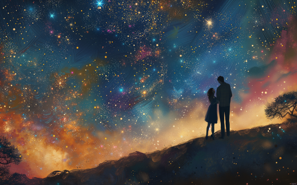 Romantic couple star gazing under a dazzling night sky HD wallpaper.