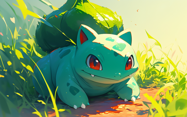 HD desktop wallpaper featuring the Pokémon Bulbasaur lying in grass with a sunny backdrop.