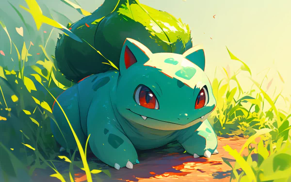 HD desktop wallpaper featuring the Pokémon Bulbasaur lying in grass with a sunny backdrop.
