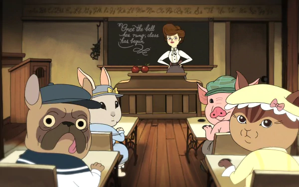 HD desktop wallpaper featuring characters from the TV show Over the Garden Wall, with animated animals attentively sitting in a classroom setting.