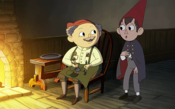 HD wallpaper featuring characters from the TV show Over the Garden Wall, depicted in a cozy, warmly lit interior scene.