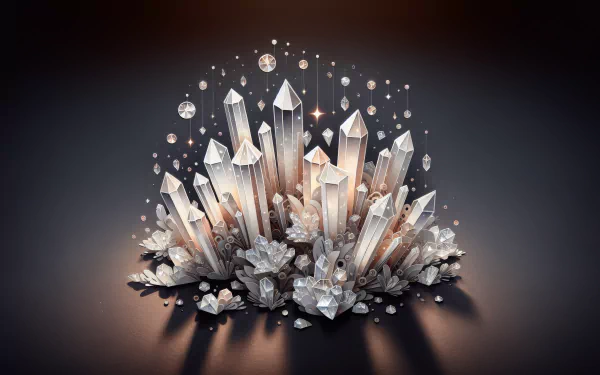 Stunning HD quartz crystal cluster wallpaper with sparkling crystals on a dark gradient background.