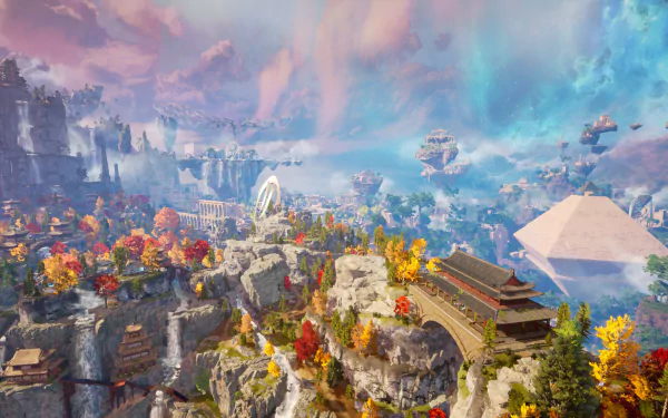 HD wallpaper featuring the vibrant fantasy landscape from the video game Islands of Insight, with majestic cliffs, colorful autumn trees, and floating islands.
