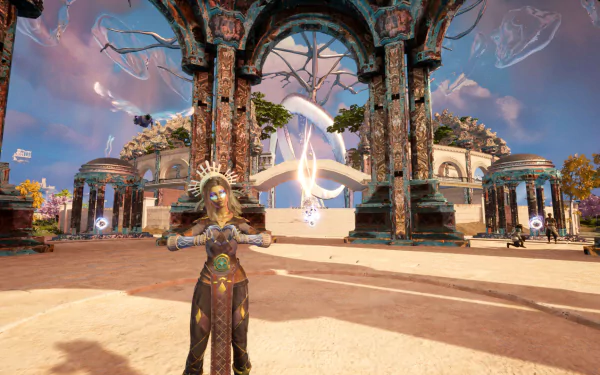 HD wallpaper from the video game Islands of Insight featuring a character standing in a majestic open-air temple with ornate structures and mystical elements under a clear sky.