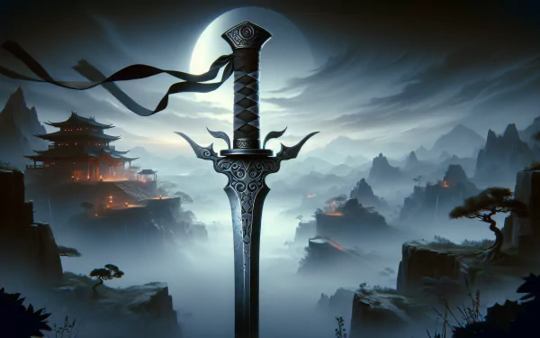 HD desktop wallpaper featuring a ninja sword with an ethereal misty oriental landscape in the background.