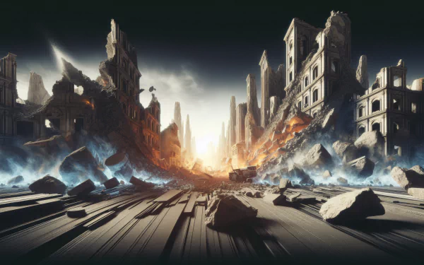HD desktop wallpaper depicting a dramatic earthquake scene with crumbling buildings and scattered debris, illustrating a powerful natural disaster.