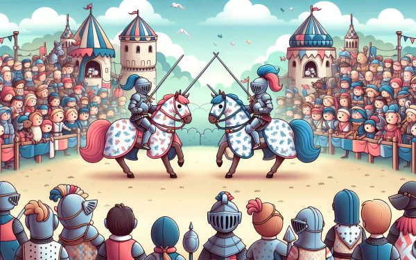 HD wallpaper of a stylized jousting scene with two armored knights on horseback, lances crossed, in front of an animated crowd and medieval tents.