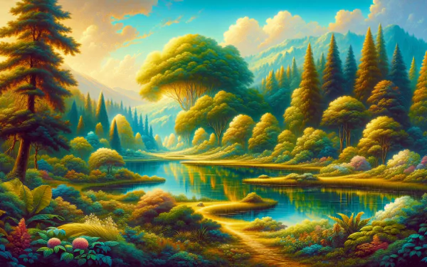 HD desktop wallpaper featuring a vibrant, fantasy landscape with lush green trees, a serene river, and colorful foliage with mountains in the background, evoking a peaceful and idyllic scenery.