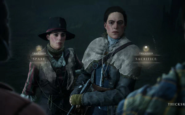Two characters from the video game *Banishers: Ghosts of New Eden* engage in a tense moment, showcasing choices of Spare and Sacrifice, against a dark, atmospheric backdrop.