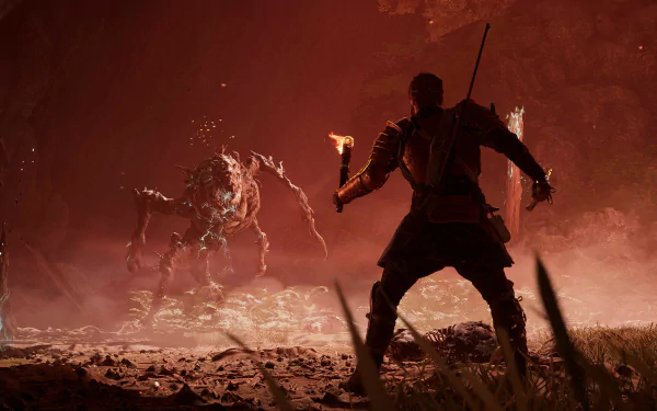 HD wallpaper of a Banishers: Ghosts of New Eden scene featuring a warrior holding a torch facing a ghostly apparition in a haunting landscape.