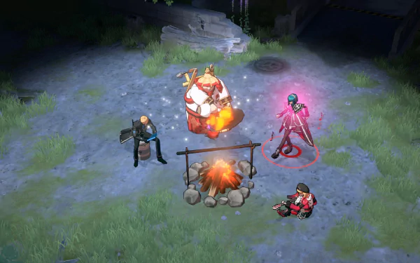 Eternal Return game characters gather around a campfire, in an HD desktop wallpaper and background depicting a scene from the video game.