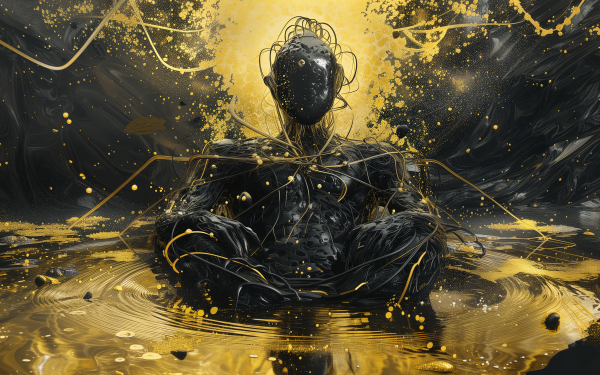 HD desktop wallpaper of the Undying Emperor, featuring a mystical black and gold figure seated in a meditative pose with dynamic paint splatter effects.