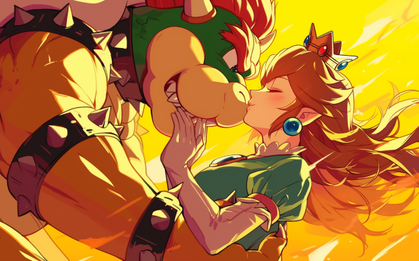 HD desktop wallpaper featuring an artistic depiction of Bowser and Princess Peach from the Mario series.