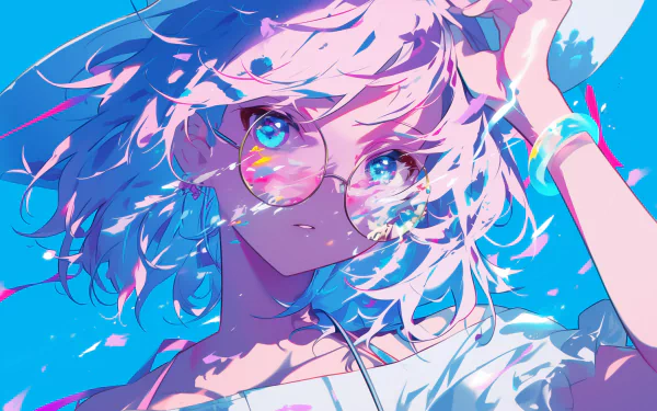 Aesthetic anime girl with blue highlights and glasses, in a vibrant HD desktop wallpaper with a whimsical anime art style.