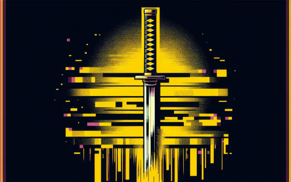 HD desktop wallpaper featuring an abstract ninja sword with glowing yellow and black digital effects against a dark background.