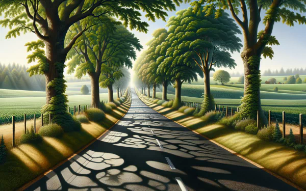 HD wallpaper of a serene country road flanked by lush trees with shadows cast across the pavement.