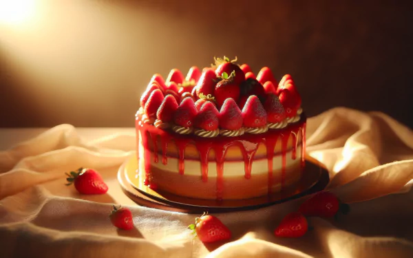 A beautifully decorated strawberry cake is presented on a smooth surface, adorned with fresh strawberries and dripping glaze, creating an enticing HD desktop wallpaper and background.