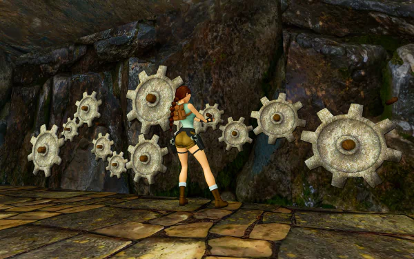 HD desktop wallpaper of Tomb Raider I-III Remastered with a character navigating through gear mechanisms.