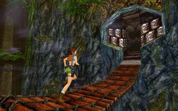 HD wallpaper of a remastered Tomb Raider I-III scene with the protagonist ascending ancient temple stairs.