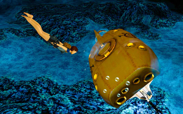 HD Wallpaper of Tomb Raider I–III Remastered underwater scene with the main character swimming next to a sunken artifact.