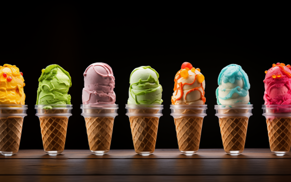 Colorful ice cream cones in a row against a dark background - HD dessert wallpaper for desktop.