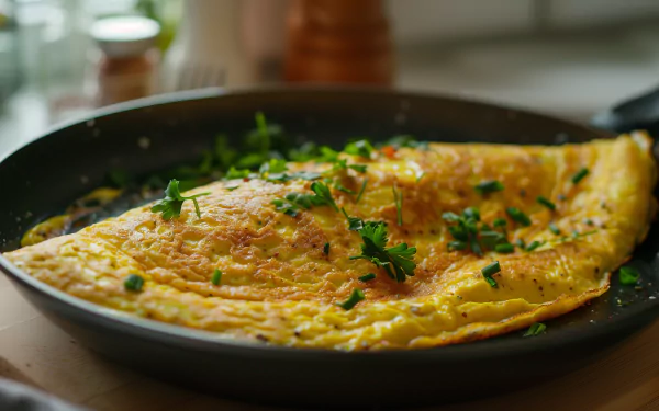 A beautifully cooked omelette garnished with fresh herbs, showcasing vibrant yellow hues. This HD desktop wallpaper brings the delicious allure of food to your screen.