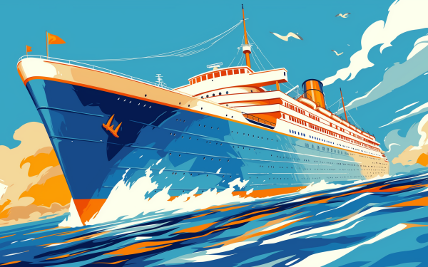 HD wallpaper of a vintage cruise ship sailing on vibrant blue waves with a stylized sunset sky in the background.