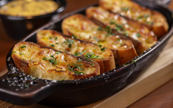 Delicious garlic bread sliced and baked to perfection, garnished with herbs, served in a cast iron dish. A mouthwatering food scene for an HD desktop wallpaper.