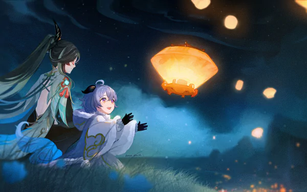 A 4K Ultra HD Genshin Impact wallpaper featuring Xianyun and Ganyu during the Lantern Rite festival, with glowing sky lanterns illuminating the night sky.