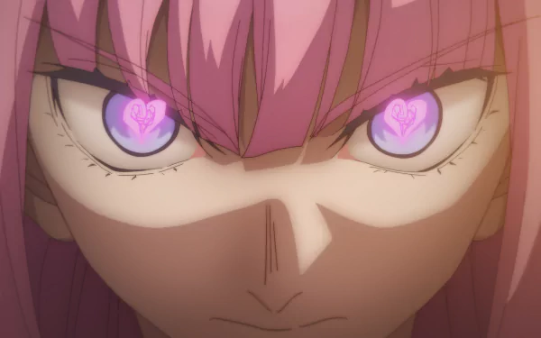 HD wallpaper from The Kingdoms of Ruin anime featuring a close-up of a character's intense face with pink hair and eyes with floral patterns.