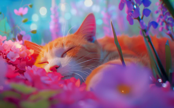 Sleeping orange cat surrounded by colorful flowers, serene animal HD desktop wallpaper.