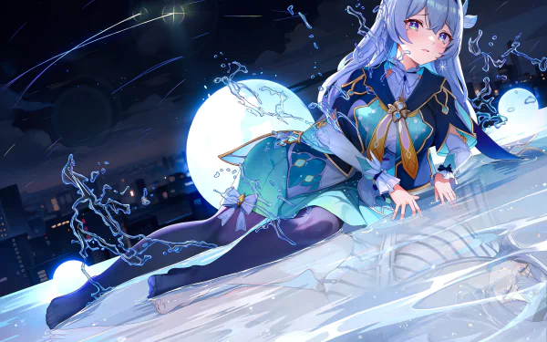 HD PC desktop wallpaper featuring Firefly from Honkai: Star Rail, depicted in a dynamic pose with glowing effects against a moonlit night background.