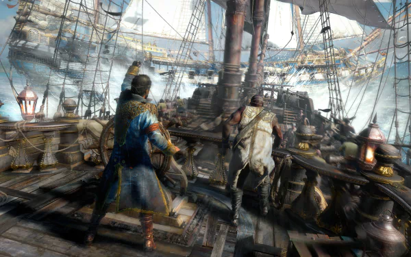 HD wallpaper of 'Skull and Bones' video game featuring pirates on deck overlooking the harbor.