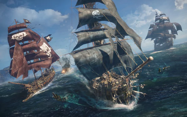 HD wallpaper of Skull and Bones video game featuring intense pirate ship battle at sea.