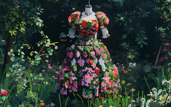 HD desktop wallpaper featuring a vibrant floral dress on a mannequin set against a lush, dark garden background.