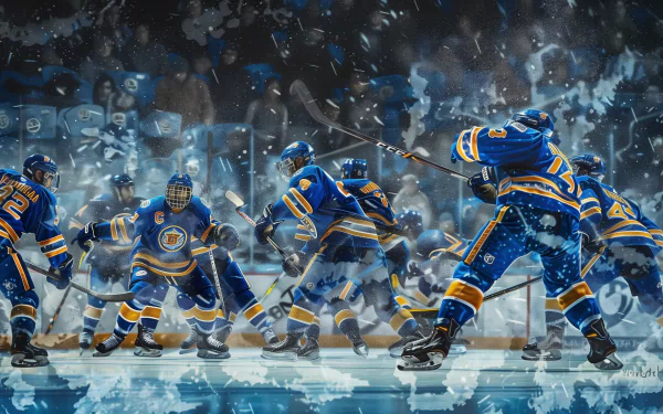 St. Louis Blues ice hockey team in action on the rink, HD desktop wallpaper featuring players in blue jerseys engaged in the sport with fans in the background.