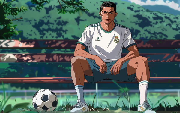 Animated wallpaper featuring a stylized soccer player resembling Cristiano Ronaldo in a white jersey sitting with a soccer ball, set against a vibrant nature backdrop.