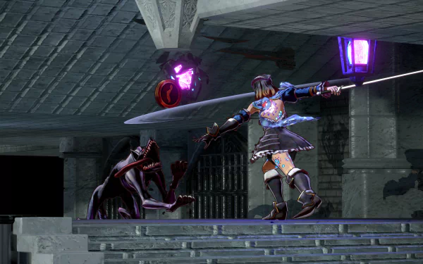 HD Wallpaper featuring a scene from Bloodstained: Ritual of the Night video game, showing the protagonist wielding a glowing sword against a shadowy creature.