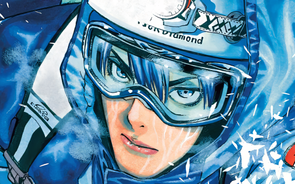 HD manga wallpaper featuring a close-up of a climber character from 'The Climber' series, wearing a blue helmet and goggles.