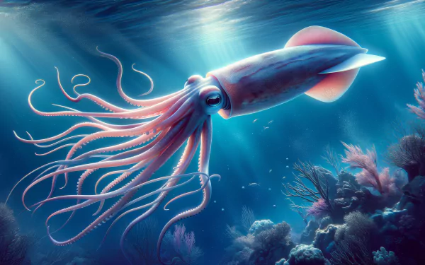 HD wallpaper of a majestic squid swimming underwater among corals with sunbeams filtering through the water.