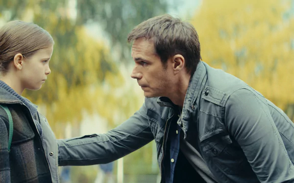 HD wallpaper of a man and a young girl from the TV show Constellation (2024), with an autumnal background.