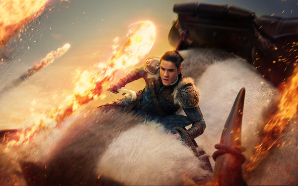 Sokka from Avatar: The Last Airbender in action, poised with a weapon amidst flames, in an HD desktop wallpaper background.