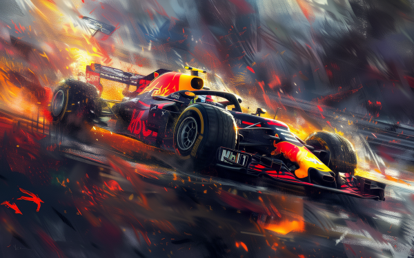 Dynamic HD wallpaper featuring a Red Bull Racing F1 car speeding with intense motion blur effects, perfect for sports and racing enthusiasts' desktop backgrounds.