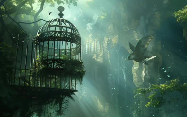 A mystical scene depicting a birdcage surrounded by lush greenery and soft rays of light, with a bird in flight, creating an enchanting HD desktop wallpaper.